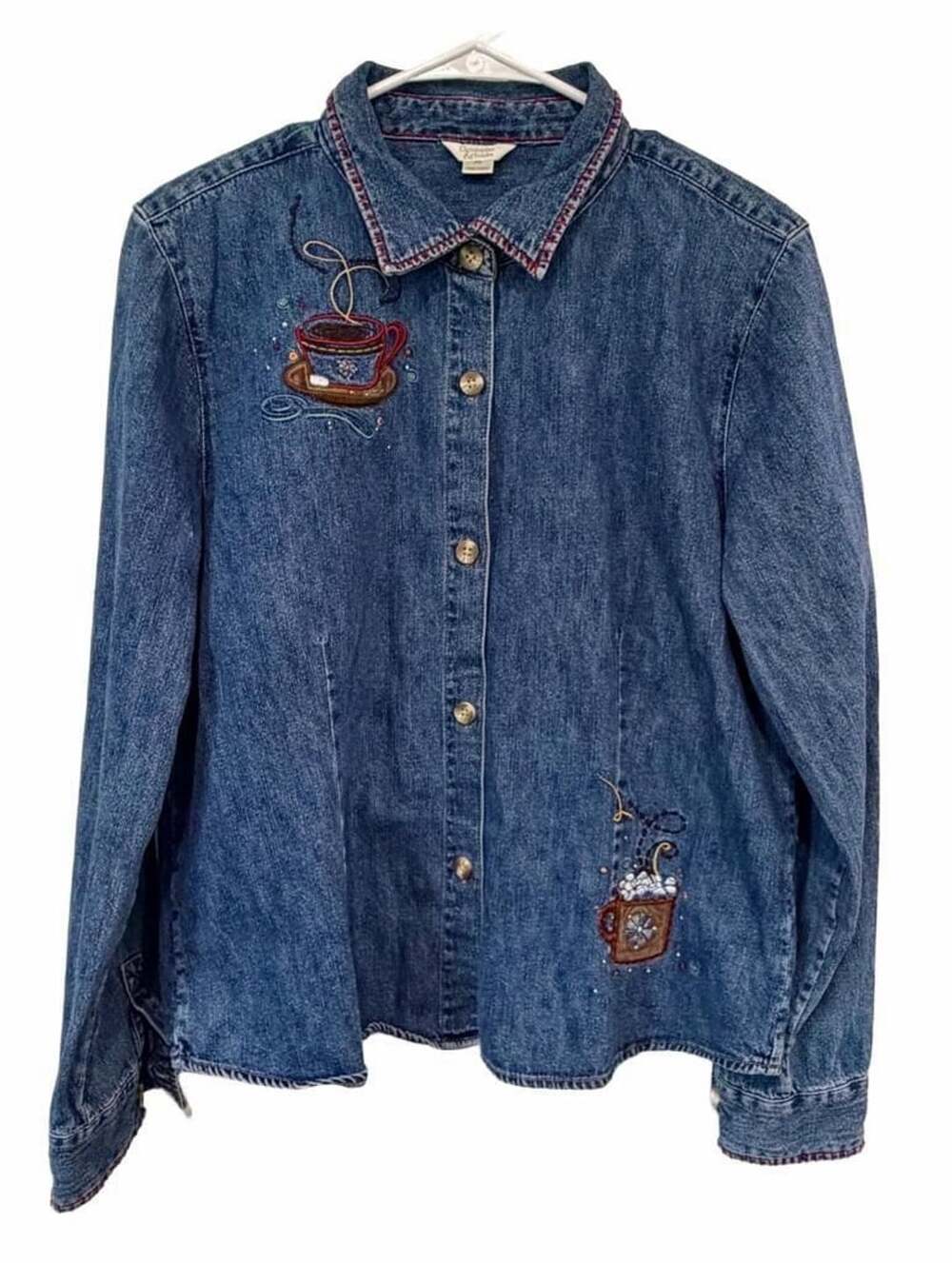 Christopher & Banks Denim Shirt Size XL Embroidered Coffee Tea
